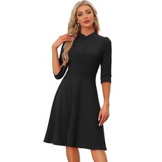 In a timeless classic design, this simple but elegant sheath dress adds to your choice for the upcoming seasons. Stylish and lightweight material easily shows your body curve and elongates your legs. Pair it with heels and you can build a retro elegant look. You can also add a coat/trench coat in fall and winter. Suitable for summer/autumn/spring and many occasions, such as Work, Office, Urban Casual, Coffee Shop, Daily, Date, Business, Formal, Weekend, etc. Black Midi Dress With 3/4 Sleeves For Office, Elegant Solid Color 3/4 Length Dress, Elegant Half-sleeve Midi Dress For Office, Elegant Half Sleeve Midi Dress For Office, Semi-formal Fitted Midi Dress With 3/4 Sleeve, Fitted Midi Dress With 3/4 Sleeves For Semi-formal Occasions, Solid Color Half Sleeve Formal Dress, Solid Color Office Dress With 3/4 Sleeve, Half Sleeve Midi Dress For Formal Occasions