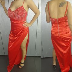 New With Tags Fitted Satin Dress With Rhinestones, Red Embellished Dress For Date Night, Fitted Red Dress With Rhinestones, Red Fitted Dress With Rhinestones, Red Embellished Satin Dress, Fitted Red Rhinestone Dress, Rhinestone Corset, Red V-neck Dress With Tassels, Red V-neck Nightgown