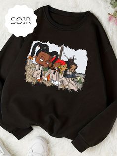 Black Girl Magic 90s Theme Cartoon Graphic Long Sleeve Sweater - Soirées Boutique Black Graffiti Print Sweatshirt For Fall, Black Crew Neck Sweatshirt With Graffiti Print, Y2k Graphic Print Sweatshirt For Fall, Oversized Y2k Sweatshirt For Fall, Y2k Winter Sweatshirt With Graphic Print, Cartoon Print Long Sleeve Sweatshirt For Streetwear, Y2k Graphic Print Long Sleeve Sweatshirt, Y2k Long Sleeve Graphic Print Sweatshirt, Y2k Cotton Streetwear Sweater