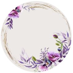 a white plate with purple flowers and leaves painted on the side, in a circular frame