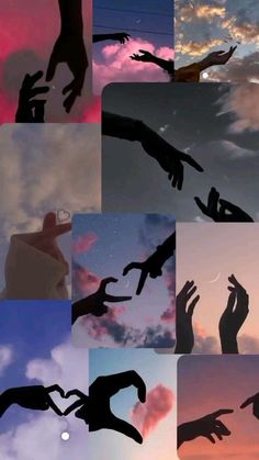 many different images of hands reaching for each other in the sky at sunset or dawn