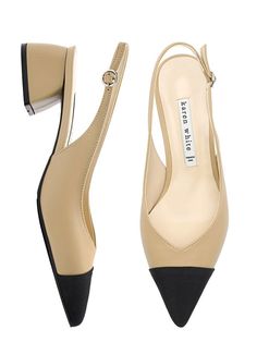 - Color: Beige, Black- Beige color; Toe point that is covered with contrasting colored fabric- Adjustable slingback- Quality leather used - Thick and snug sole for comfortMeasurement- Heel: 1.6- Size: 220-255 (in KR size)- True to the size- Please refer to the size chartComposition&Care- Cow+ Fabric, Nubuck+Fabric- Professional care onlyDesigner- Imported- by KAREN WHITE- Style#:300429942 Cream Leather Slingback Pumps Medium Width, Beige Leather Slingback Pumps With Branded Heel, Cream Leather Slingback Pumps, Beige Medium Width Slingback Pumps For Work, Beige Slingback Sandals With Leather Sole, Chic Beige Slingback Sandals With Removable Insole, Chic Beige Slingback Pumps With Removable Insole, Beige Closed Toe Slingback Pumps For Work, Beige Low Heel Leather Slingback Sandals