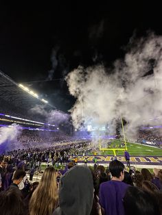 a football stadium filled with lots of people watching fireworks go off in the night sky