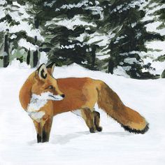 a painting of a fox in the snow with pine trees behind it and one animal looking at the camera