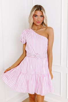 - This darling dress is summer's sweetest option! - Lightweight material with a striped pattern - A soft built-in lining - An asymmetrical one shoulder neckline - A single puff sleeve with elastic banding and gathered shoulder detail - Side zip closure - A waistline with belt loops, a detachable belt, and elastic back detail for a stretchy fit - A figure flattering silhouette that ends in a straight mid-thigh length hemline One Shoulder Neckline, Patent Heels, Lace Up Wedges, Faux Leather Heels, Darling Dress, Stripe Dress, Lace Up Heels, Women Clothing Boutique, Leather And Lace