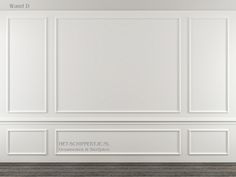 an empty room with white walls and wood flooring is shown in this 3d image