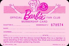 the official barbie fan club member's identification card is shown in pink and black