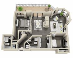 the floor plan for a two bedroom apartment with an attached kitchen, living room and dining area