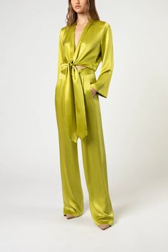 L/s kimono blouse with ties - chartreuse – Michelle Mason Chartreuse Dress, Silk Pant Suit, Satin Suit, Kimono Blouse, Michelle Mason, Satin Trousers, Dress Design Patterns, Guest Attire, Party Dress Long Sleeve