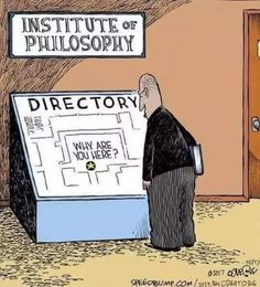 a man standing in front of a sign that says,'the institute of philosoy directory why are you here? '