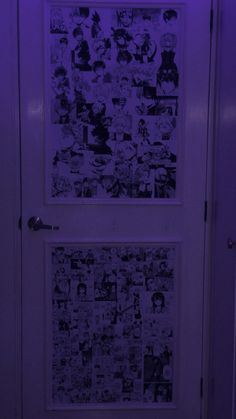 the door is lit up with purple lights and pictures on it's side wall