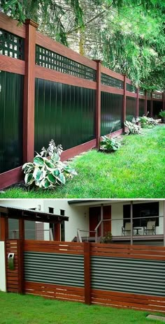 two pictures side by side of a fence and the same photo with grass in front of it