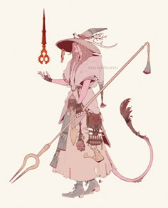 a drawing of a woman with a hat holding a long stick and wearing a pink dress