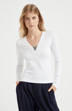 Inspired by menswear, the pure cotton jersey showcases the classic ribbed texture and offers a very comfortable, lightweight and extremely pleasant hand that is perfect for any season. V-neck Nickel-free monili decoration Silk T Shirt, Poplin Top, Latest T Shirt, Boutique Online, Shirt Skirt, Event Dresses, The Deep, Brunello Cucinelli, Jersey T Shirt