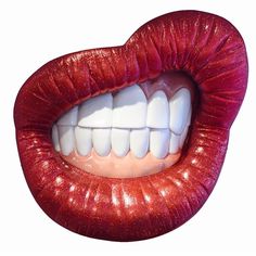 an open mouth with white teeth and red lipstick