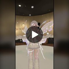 an animated image of a woman with wings on her body and boots, standing in front of a round room