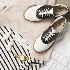 Pairs well with stripes (and just about everything else)  #EastlandsEveryday #inmyshoes #whatimwearing #darlingmovement #thatsdarling #asseenonme #wearthisnext #aboutalook #realoutfitgram #preppystyle⁣ #flatlay #ootdflatlay #flatlaynation #flatlaystyle #inthedetails Womens Saddle Shoes, Saddle Shoe, Eastland Shoes, East La, Saddle Shoes, Flatlay Styling, Shoes For Women, Preppy Style, Wedding Sneaker