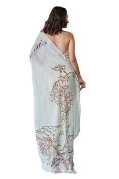 Cream saree featuring bird and floral pattern on the pallu with sequin and bead embroidered hem. Paired with a floral embroidered padded blouse. - Aza Fashions Cream Saree, Embroidered Hem, Padded Blouse, Saree With Blouse, Aza Fashion, Halter Neck, Floral Pattern, Blouses For Women, Sequin