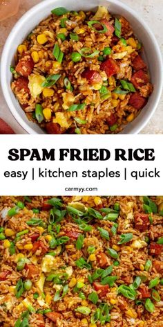 spam fried rice in a white bowl with text overlay