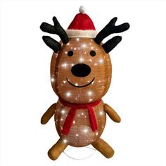 an inflatable reindeer with a red hat and scarf