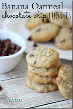 banana oatmeal chocolate chip cookies stacked next to a bowl of chocolate chips