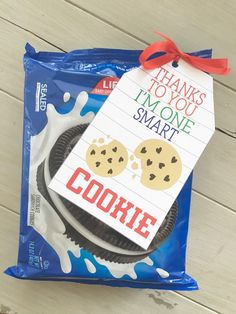 a package of cookies with thank you i'm one smart tag