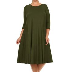 Product Description: Plus size dress features 3/4 sleeves, which are a versatile length that provides some coverage without being too warm. This makes the dress ideal for year-round wear, as it can be paired with sandals or sneakers in warmer weather or with tights and boots in cooler weather. One of the standout features of the dress is its pleated detailing. The pleats start at the waist and continue down the skirt of the dress, creating a subtle yet eye-catching effect. The pleats give the dr Fall Dresses With 3/4 Sleeves, Green Half Sleeve Dress For Fall, Green Half Sleeve Fall Dresses, Solid Color Dresses With 3/4 Sleeve For Fall, Fall Dresses With 3/4 Sleeves In Solid Color, Solid Fall Dresses With 3/4 Sleeve, Solid Color Fall Dress With 3/4 Sleeves, Fall Solid 3/4 Length Dresses, Solid Color 3/4 Length Fall Dress