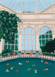 a painting of people swimming in a pool inside a large building with windows and palm trees