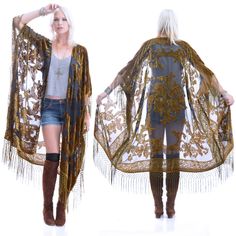 Vintage Cape Coat, Vintage Fringe Jacket, Fall Kimono, Dark Boho, Velvet Fringe, Ideas Fiesta, Long Cardigans, Autumn Party