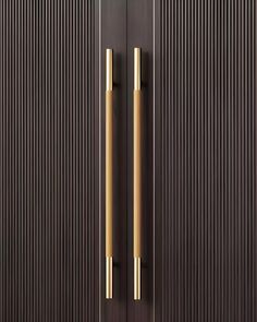 two wooden doors with gold handles and one has a handle on the door, while the other