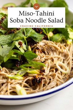 miso - tahitii soba noodle salad in a bowl with the title above it