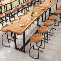 tables and stools are lined up on the floor