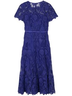 royal blue floral-lace design openwork areas single rear button fastening concealed rear hook and zip fastening crew neck short raglan sleeves partial lining scallop hem mid-calf length Portrait Dress, Midi Dress Blue, Self Portrait Dress, Scallop Hem, City Dress, Lace Midi, Summer Beach Wear, Lace Midi Dress, Blue Midi Dress