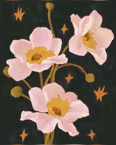 a painting of pink flowers and stars on a black background