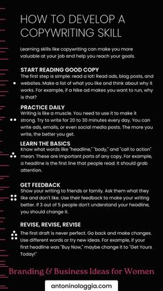 a black and white poster with the words how to developing a copy writing skill