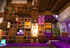 a living room filled with lots of furniture and bookshelves covered in purple blankets