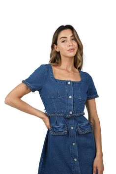 Denim mini dress Braided waist belt Front button closure Square collar cut Front decorative pockets Denim Mini Dress, Waist Belt, Braids, Collar, Mini Dress