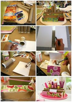 several pictures of different things that are being made out of cardboard and other items on a table