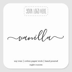 a white square sticker with the word vanilla in cursive writing