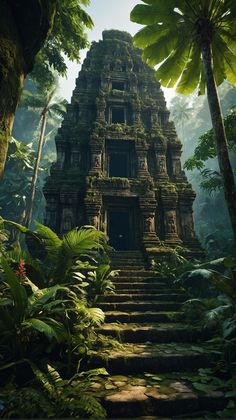 an ancient temple in the jungle surrounded by trees and plants, with stairs leading up to it