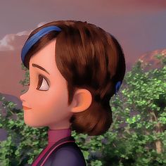 the animated character is looking at something in front of trees and mountains with clouds above her