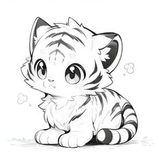 a black and white drawing of a kitten