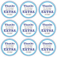 six blue and white stickers with the words thanks for always extra milk