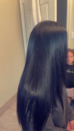 Black Straightened Hair, Relaxed Long Hair, Slik Press With Natural Hair, Long Straight Hair Black Women, Jet Black Silk Press, Long Silk Press, Silk Press Natural Hair Long, Black Woman Straight Hair, Straight Hair Black Women