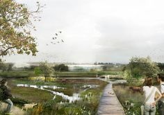 an artist's rendering of people walking on a boardwalk over a pond with birds flying in the sky