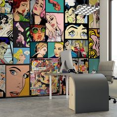 an office area with a desk, chair and large wall mural in the middle of it