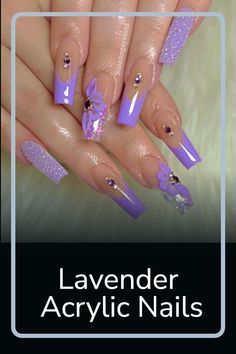 Lavender acrylic nails are the perfect way to add a touch of sophistication and beauty to any look. Whether you’re going for a bold statement or just want to add a hint of pastel, lavender acrylics bring an air of elegance and style. Lavender Acrylics With Design, Lavender French Tip Nails With Design, Nail Designs Lilac Lavender, Lavender And Green Nails, Lilac Nails Acrylic Lavender With Flowers, Lavender Nails With Jewels, Purple Almond Acrylic Nails, Lavender French Tip Nails, Acrylic Nails Purple Lavender Butterfly