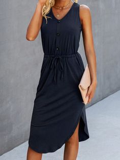 Navy Blue Casual Collar Sleeveless Knitted Fabric Plain A Line,Tank Embellished Medium Stretch  Women Clothing Sleeveless Dresses Casual, Bodycon Dress Parties, Dress Outfit, Dress Cuts, Midi Dress Sleeveless, Hem Dress, Womens Midi Dresses, Green Fashion, Vest Dress