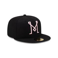 The Inter Miami Basic Black 59FIFTY Fitted Cap features an embroidered Inter Miami logo at the front panels with a team wordmark at the rear. Additional details include a black crown and visor with a gray undervisor. Black Baseball Cap For College During Baseball Season, Fitted Flat Crown Hat For Baseball Season, Flat Crown Fitted Hat For Baseball Season, Black Baseball Cap With Embroidered Logo, Black Curved Brim Baseball Cap With Embroidered Logo, Black Fitted Baseball Cap With Letter Print, Black Fitted Hat With Letter Print, Black Fitted Hat With Letter Print For Baseball Season, Black Letter Print Fitted Hat For Baseball Season