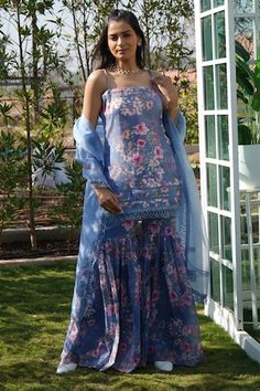 Blue strappy kurta with all-over floral print, insert lace and scalloped lace borders. Comes with matching sharara and dupatta. - Aza Fashions Strappy Kurta, Kurta Sharara Set, Kurta Sharara, Women Kurta, Floral Squares, Straight Kurta, Sharara Set, Lace Border, Scalloped Lace